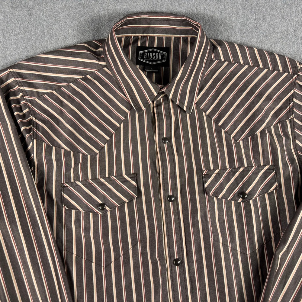 Gibson Trading Co Pearl Snap Shirt Men's L Brown Stripes Long Sleeve Western